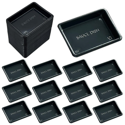 Xanadued 100 Pcs Plastic Disposable Sauce Dishes, Dipping Soy Sauce Seasoning Plate Bowls, Mini Condiment Appetizer Tray for Sushi Soy Mustard Vinegar Ketchup BBQ,Black Rectangle