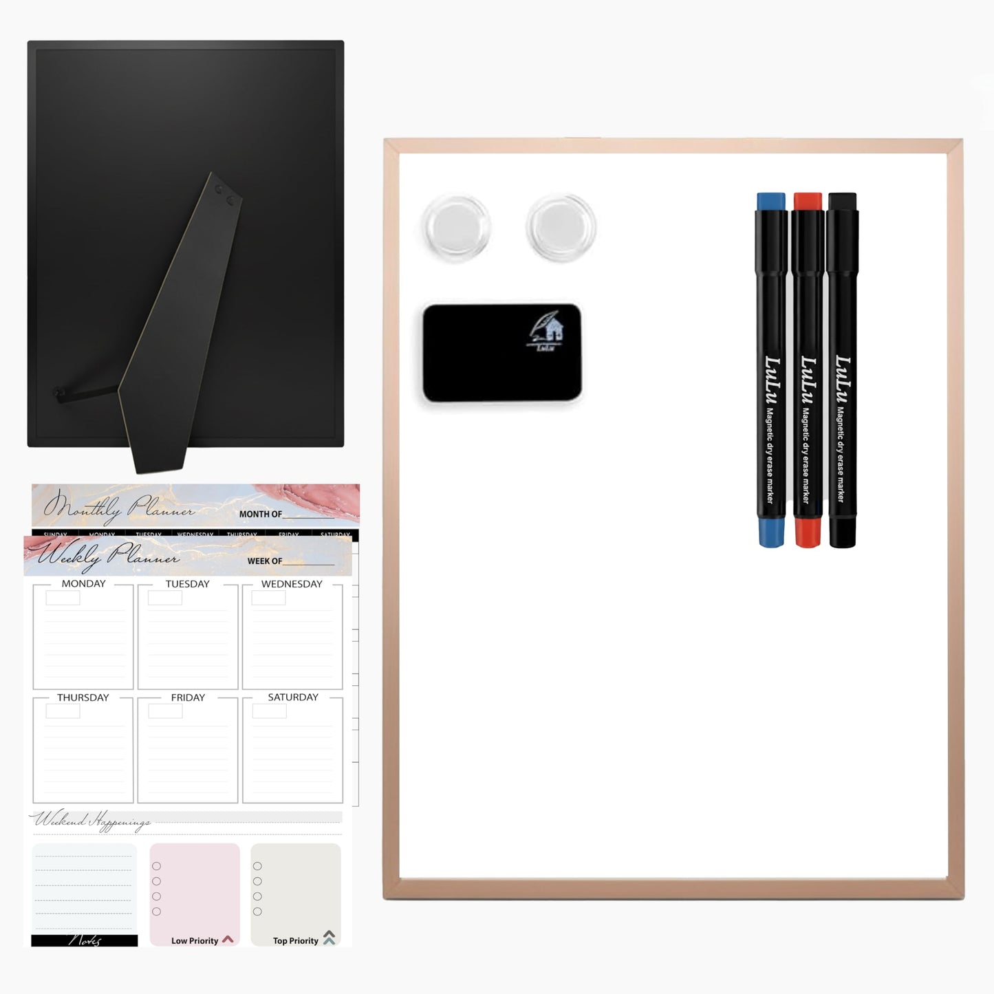 Lulu Office Magnetic Dry Erase Board 12x16 with Foldable Stand, Portable Rose Gold Desktop Whiteboard for Home, Office, School & Kitchen, Includes Weekly & Monthly Magnetic Planner Sheets