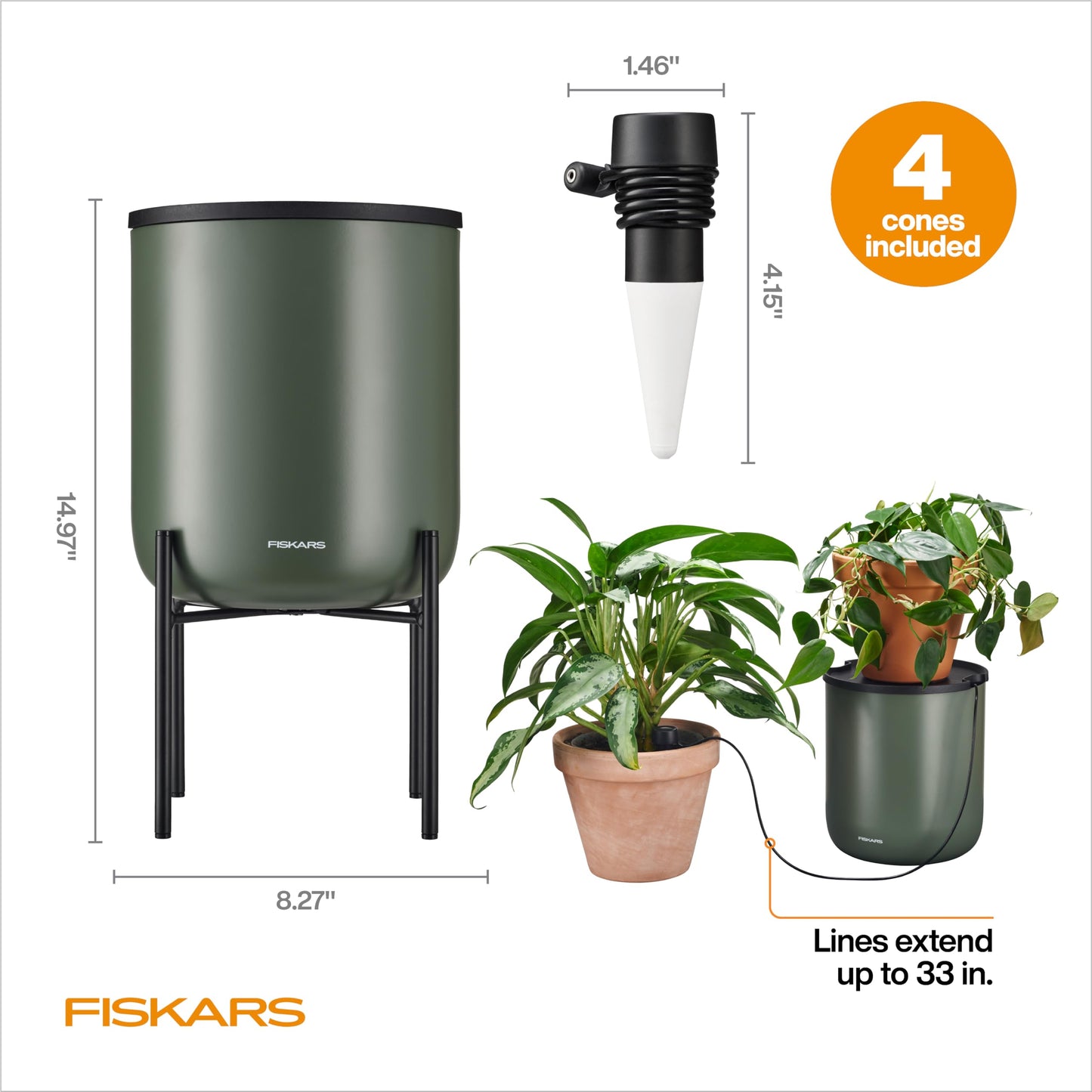 Fiskars LifeWell Watering System for Houseplants, Self-Watering Indoor Plant Stand with Siphon Action, Waters Up to 6 Plants, 33" Reach