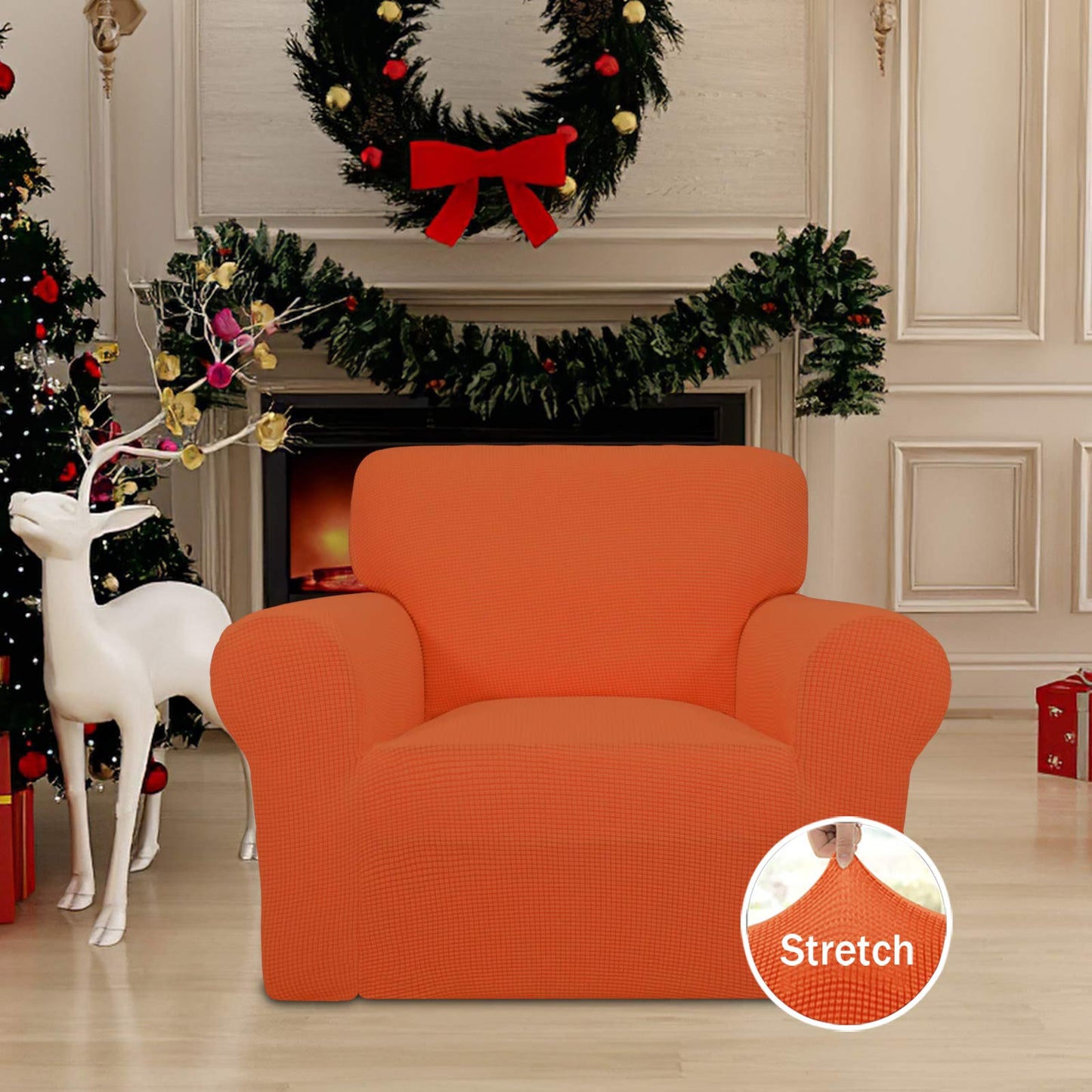 Easy-Going Stretch Chair Sofa Slipcover 1-Piece Couch Sofa Cover Furniture Protector Soft with Elastic Bottom for Kids, Pet. Spandex Jacquard Fabric Small Checks (Chair, Orange)