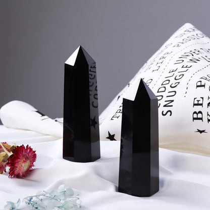 Runyangshi Large Black Obsidian Healing Crystal Wand 4.72"-5" Crystal Tower 6 Faceted Single Point Crystal Prism Wand Natural Quartz Stones for Meditation Reiki Chakra Therapy Home Decor Gift