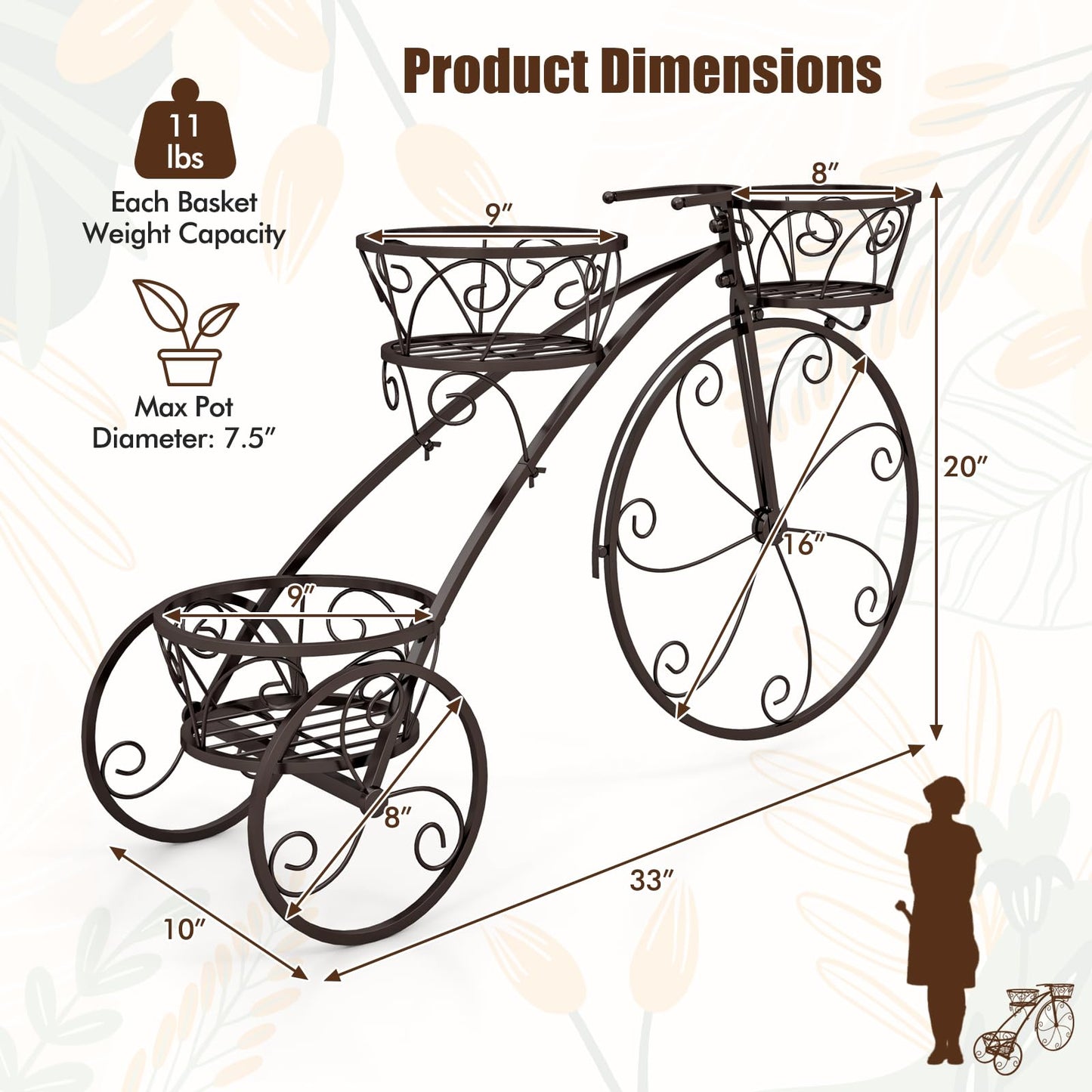 CHEFJOY Metal Bicycle Planter, 3-Tiers Flower Cart Display Stand with 3 Wheels & Iron Baskets, Decorative Cart plant stand for Garden, Patio, Indoor, Outdoor (Bronze)