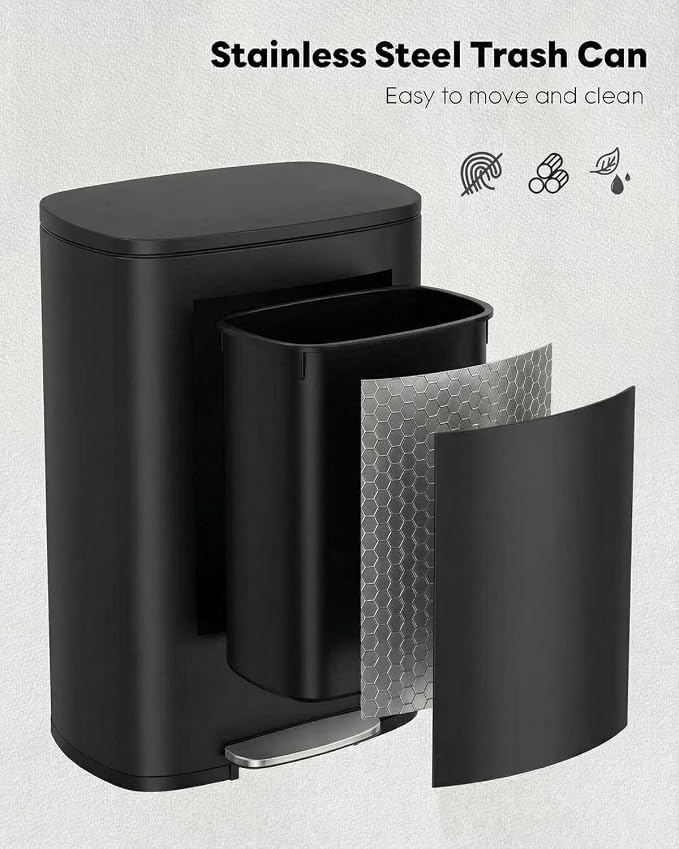 ComfyCorner 13.2+1.3 Gallon Trash Can Combo Set, Stainless Steel Garbage Bin with Pedal, Removable Inner Waste Bucket, Anti-Fingerprint, Soft-Close Locking Lid Dustbin for Kitchen, Bathroom, Office