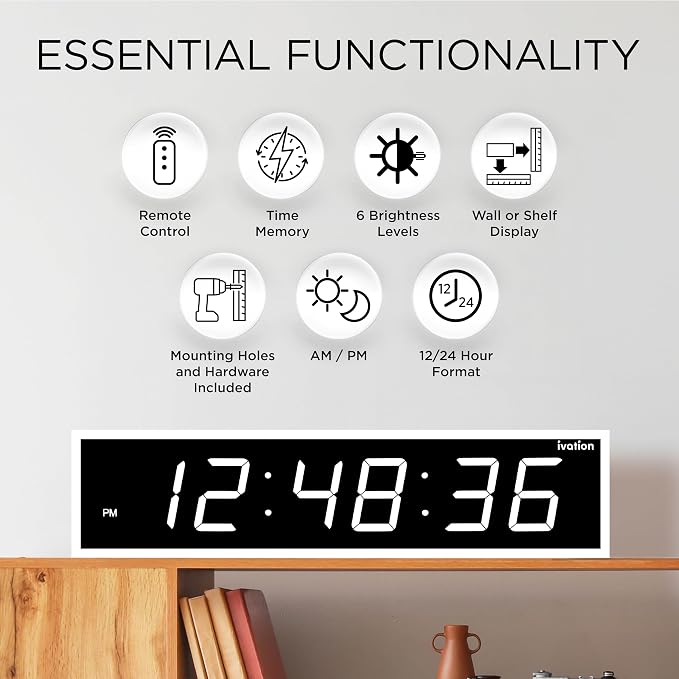 Ivation Oversized Large Digital Wall Clock - Big LED Digital Clock w/Large Display & Durable Aluminum Frame Shelf or Wall Mount (36 Inch - White) 6 Brightness Levels | Time Memory | Remote