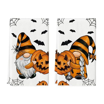 Artoid Mode Pumpkin Gnome Halloween Kitchen Towels Dish Towels, 18x26 Inch Bats Spider Web Jack-O'-Lantern Decoration Hand Towels Set of 2