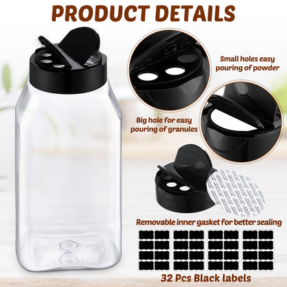 Mifoci 28 Pack 16 oz Plastic Spice Jars with Cap Square Plastic Bottle Containers with Shaker Lids and Stickers Large Seasoning Shaker Empty Powder Storage Container for Storing Salt Herbs (Black)