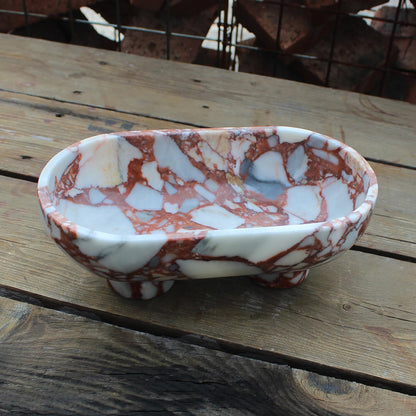 Nawgnail Natural Oval Calacatta Red Marble Fruit Bowl for Kitchen Counter 10", Large Decorative Bowl Two-Legs for Home Decor, Fruits Holder For Dining Table - Kitchen Organization