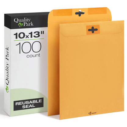 Quality Park 10 x 13 Clasp Envelopes, 100 Pack, Document Envelopes with Redi-Tac Closure and Gummed Flap, Heavyweight 28 lb Paper with Double Prong Clasp, for Mailing and Storage, Brown Kraft