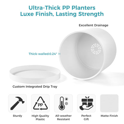 FaithLand 8-Inch Modern Cylinder Planter, Thick-Walled Plastic Plant Pot with Drainage Holes and Detachable Saucer, Matte White, Ideal for Indoor & Outdoor Plants Flowers