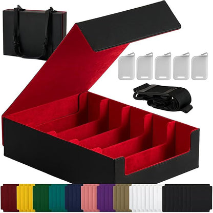 Magnetic Leather Trading Card Storage Box - 5-Row Deck Case Design, 3900+ Capacity for YuGiOh, MTG, TCG and Sports Cards, Includes 24 Colorful Dividers & 5 Card Supports（Black/Red）