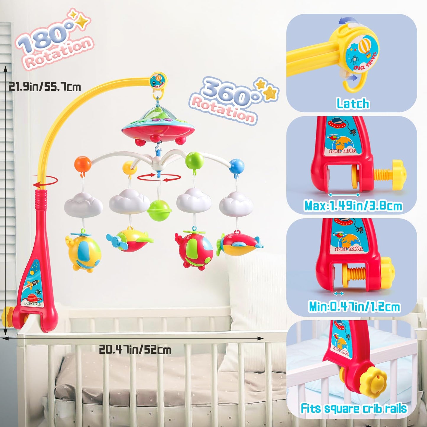 Baby Musical Crib Mobile with Hanging Rotating Toys, Remote Control, Lights Projector Function Music Box, Cartoon Rattles for Babies Boy Girl 0-24 Months, Newborn Sleep with 108 Melodies (Plane)