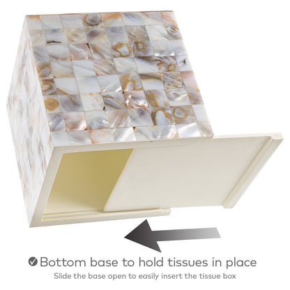 Milano Tissue Box Cover Square – Decorative Tissue Holder for Bathroom - Beautiful Natural Mother of Pearl Capiz Shells Tissue Box Holder - Cube Tissue Box Cover with Durable Bottom Slider