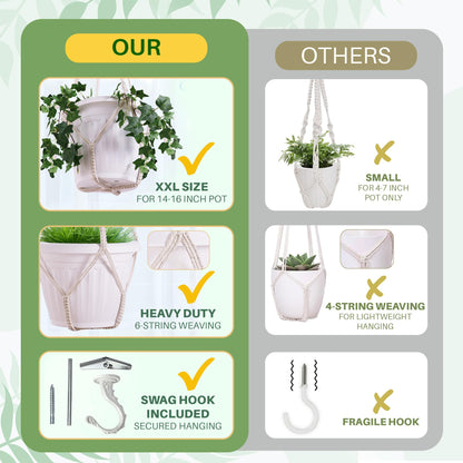 Shineloha Giant XXL 55 Inches Macrame Planter Hanger Large for 15 inch Pot + Swag Hook | Extra Large Hanging Planter for Indoor Plants | No Pot/Plant Included (XXL Jute)