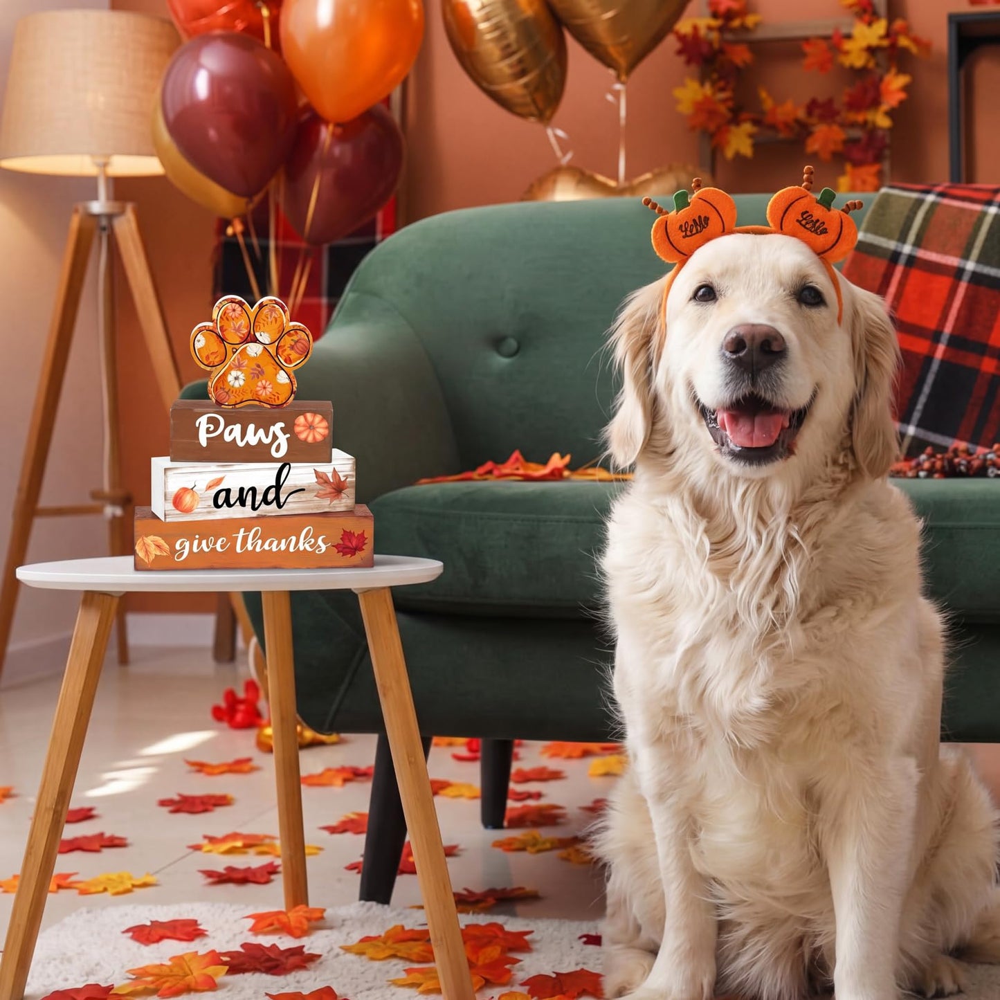 Amyhill 4 Pcs Fall Dog Paw Print Decorations Autumn Pet Lover Gift Wooden Pumpkin Maple Leaf Tiered Tray Set Table Centerpiece Sign Decor Thanksgiving Harvest Sign for Shelf Coffee Bar Home