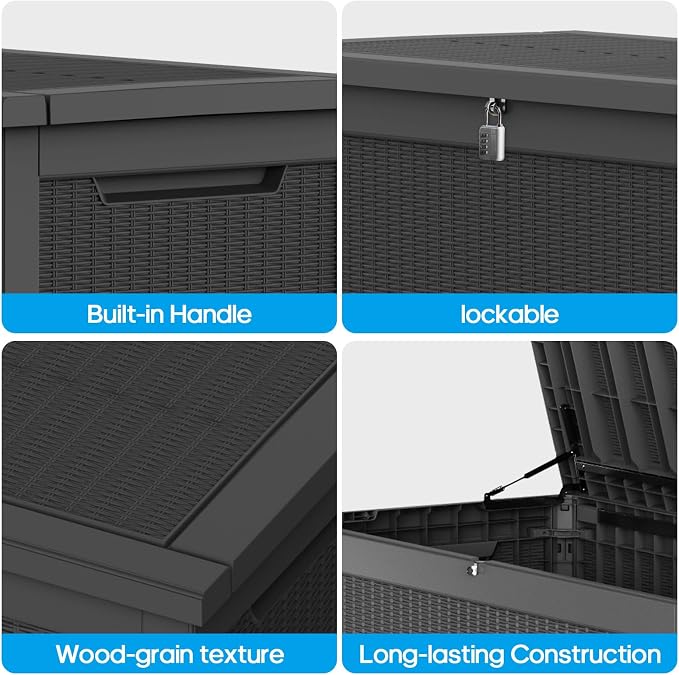 ROJIK Outdoor Storage Housing Deck Box - Waterproof Patio Furniture, Garden Tools, Cushions, Pool Accessories Storage Bench with Lockable Lid and Side Handles (Black, 315 Gal)
