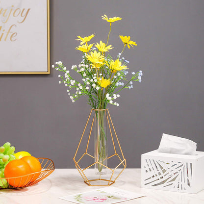 Metal Frame Vase Geometric Glass Flower Vase, Lantern Shape Glass Test Tube Vase, Modern Creative Clear Tube Glass Planter Terrariums with Geometric Metal Stand for Decor Office Home (Black B)