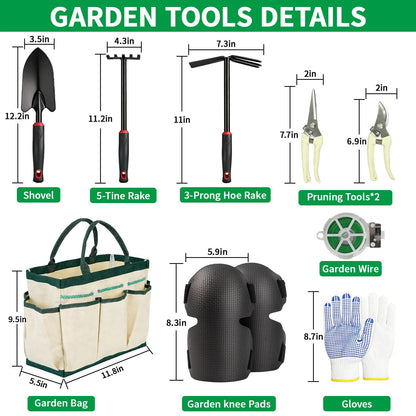 SHAOKAOLU 10 Pcs Gardening Tool Set - Heavy Duty Garden Kit with Stainless Steel Pruning Shears, Trowel Garden Tool, Kneeling Pads, Repotting Mat - Garden Tote, Ideal Gardening Gifts for Women and Men