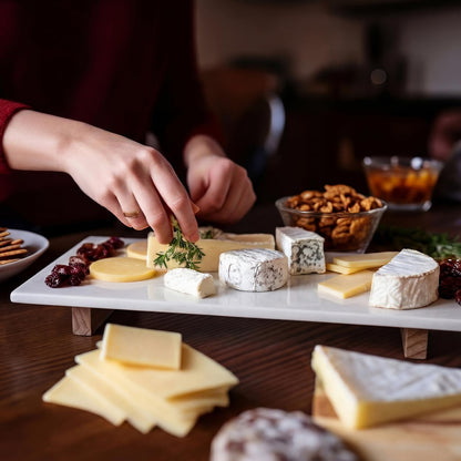 Yiyiring Marble Charcuterie Board Display White Cheese Cutting Footed Stand Tray with Wooden Feet 15.75"L x 8" W x 2.5" H for Vanity, Kitchen and Serving, or as a Gatherings Elegant Cheese Board Gift