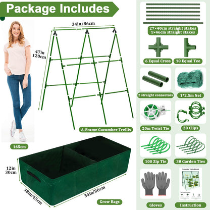 Tidponra Cucumber Trellis for Garden, 34 X 47 Inches A Frame Gardening Trellis with Fabric Raised Garden Bed, Climbing Net and Plant Support Clips for Climbing Plants