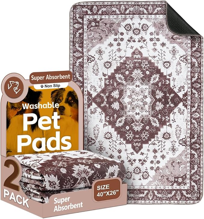 Washable Pee Pads for Dogs, 2 Pack Reusable Puppy Training Pads 40"x26" Super Absorbent Waterproof Dog Training Pads, Non-Slip Potty Pads, Whelping Pads Litter Mat Light Brown Medallion