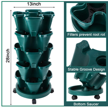 Umigy 2 Set 5 Tier Stackable Planters Vertical Garden Planters for Strawberry Herb Flower and Vegetable Indoor Outdoor Gardening Pots with Removable Wheels and Bottom(Dark Green)