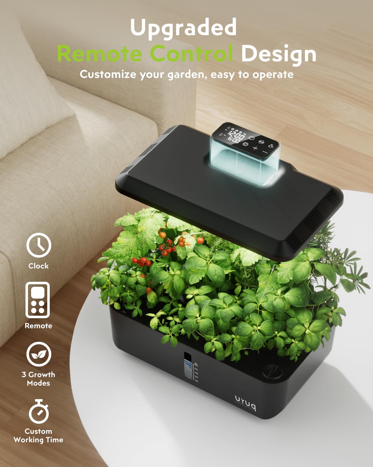 URUQ Hydroponics Growing System Garden: 12 Pods Indoor Gardening System with Custom Time Grow Light Height Adjustable Quiet Plants Germination Kit - Gardening Gifts Charcoal