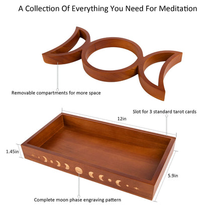 Moon Tray Crystal Holder Set, Wood Moon Phase Crystal Tray for Stones Display with Brown Tarot Card Holder, Witchcraft Crystal Organizer Bowl, Wiccan Altar Supplies