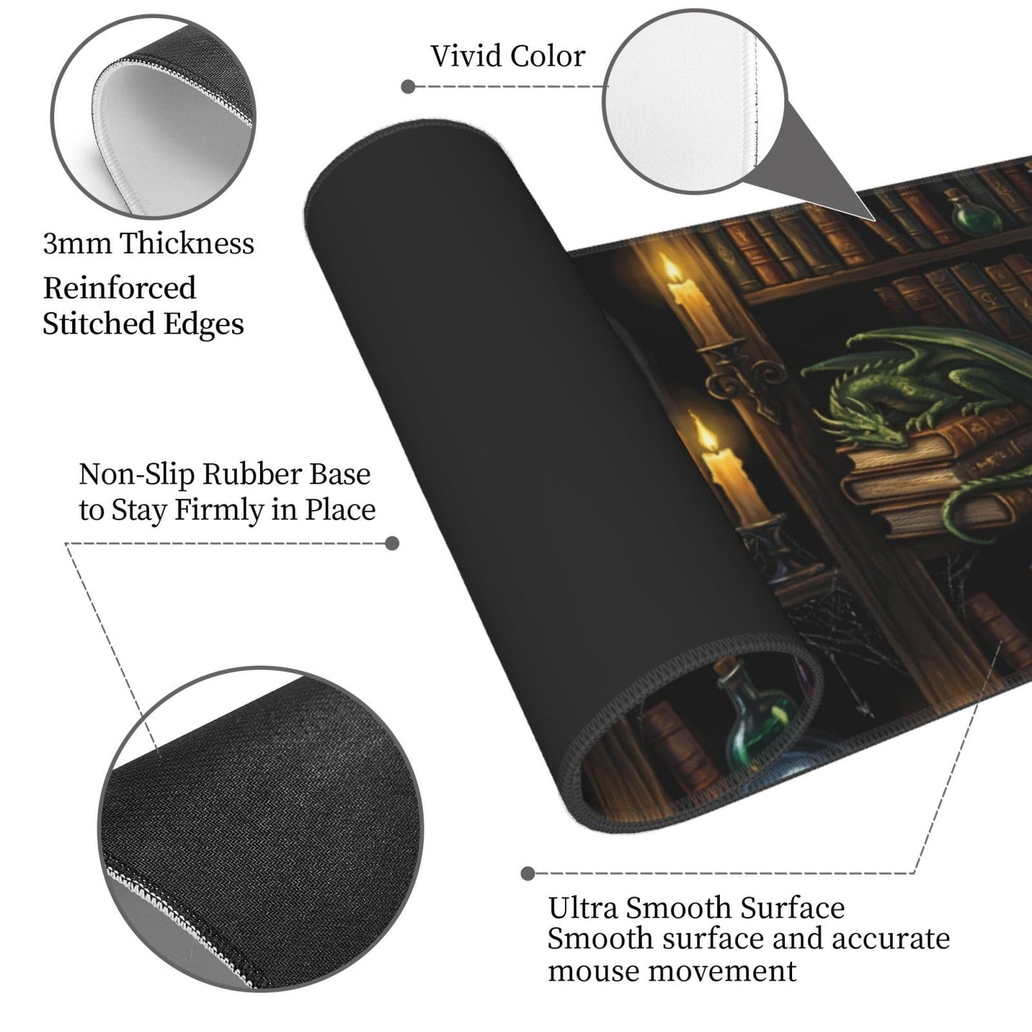 Wizard Library Large Gaming Mouse Pad 31.5 x 11.8 in Gothic Dragon & Magic Potions Desk Mat - Extended Non-Slip Rubber Base with Stitched Edges for Office & Home