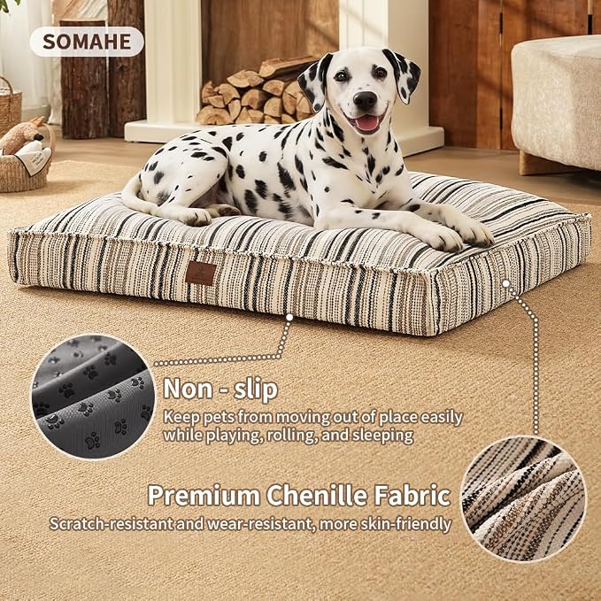 SOMAHE 4 Inch Orthopedic Dog Bed for Crate, 27 x 20 Inch, Black Chenille | Washable Removable Cover, Waterproof Inner Liner, Non-Slip Bottom, Orthopedic Dog Crate Mattress for Medium & Large Dogs
