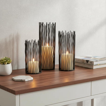 Metal Candle Holders for Pillar Candles - Creative Wire Candle Holder Set of 3 for Fireplace Mantel, Black Candlestick Holders for Table Centerpieces Halloween Christmas Birthday Party Home Decor