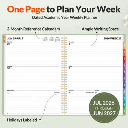 SUNEE Academic Planner 2026-2027 – Weekly & Monthly Planner, July 2026 to June 2027, 8.5"x11", Thick Paper, Tabs, Pockets, Bookmark, Spiral-Bound, Student Teacher Organizer, Sage Green