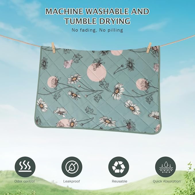 IEUUMLER Washable Pee Pads for Dogs, 2 Pack Non-Slip & Waterproof Pack Whelping Pad, Reusable Washable Puppy Potty Training Pad with Fast Absorbent for Playpen EU007 (Green Daisy, 36"X41"-2pcs)
