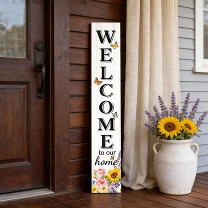 Welcome Sign for Front Door, Large 47 inch Wood Framed Welcome to Our Home Sign with Spring Flower Print & Hanging Rope, Vertical Farmhouse Wooden Board Standing for Outdoor Yard Patio