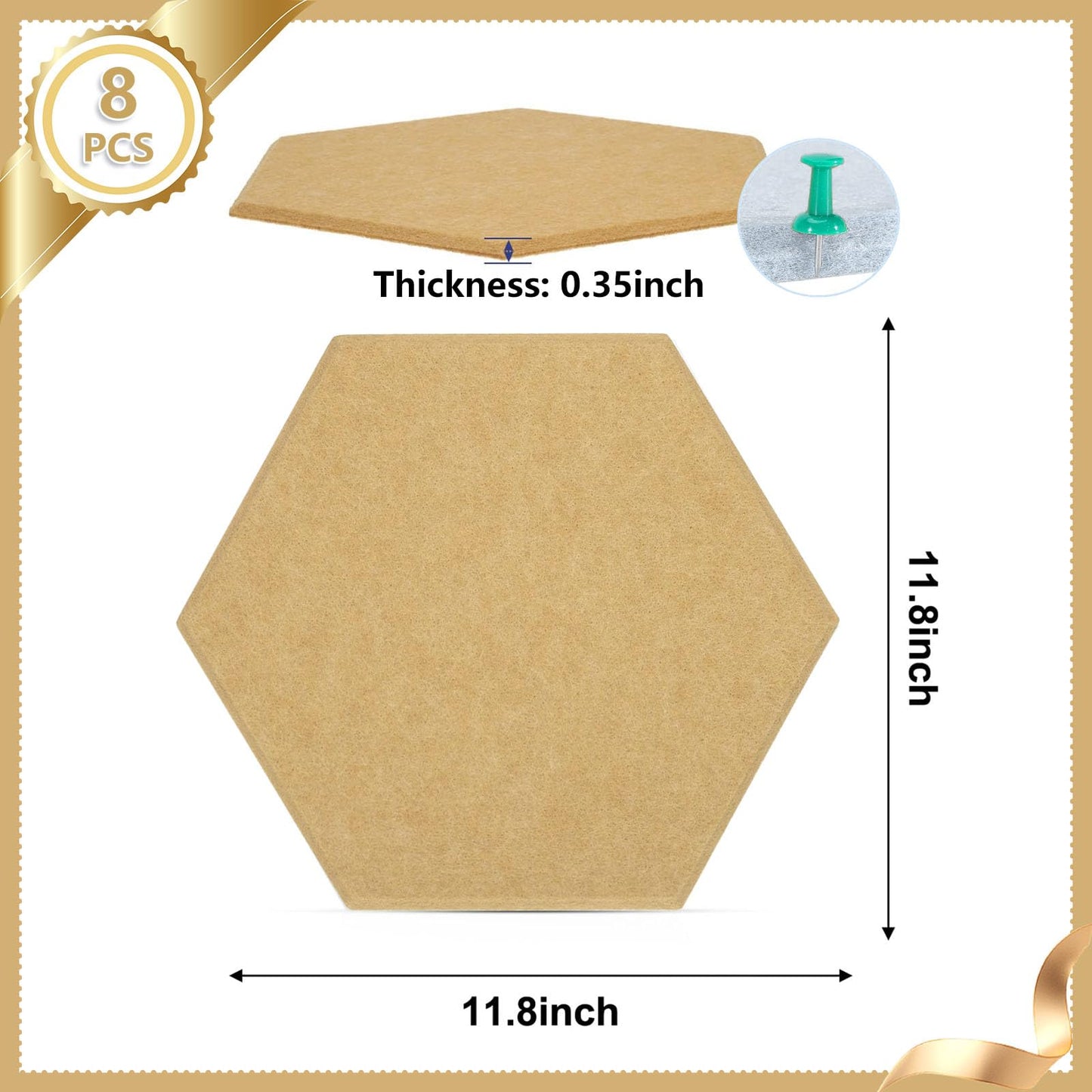 8 Packs Camel Hexagon Felt Pin Board, 12" Bulletin Board with 30 Push Pins, Felt Board for Home Kitchen Office Decor, Self-Adhesive Corkboard Tiles for Walls School Message Photos Memos