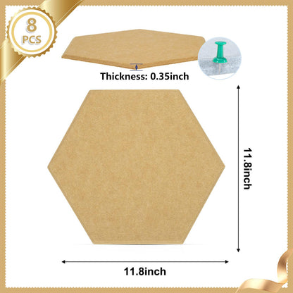 8 Packs Camel Hexagon Felt Pin Board, 12" Bulletin Board with 30 Push Pins, Felt Board for Home Kitchen Office Decor, Self-Adhesive Corkboard Tiles for Walls School Message Photos Memos