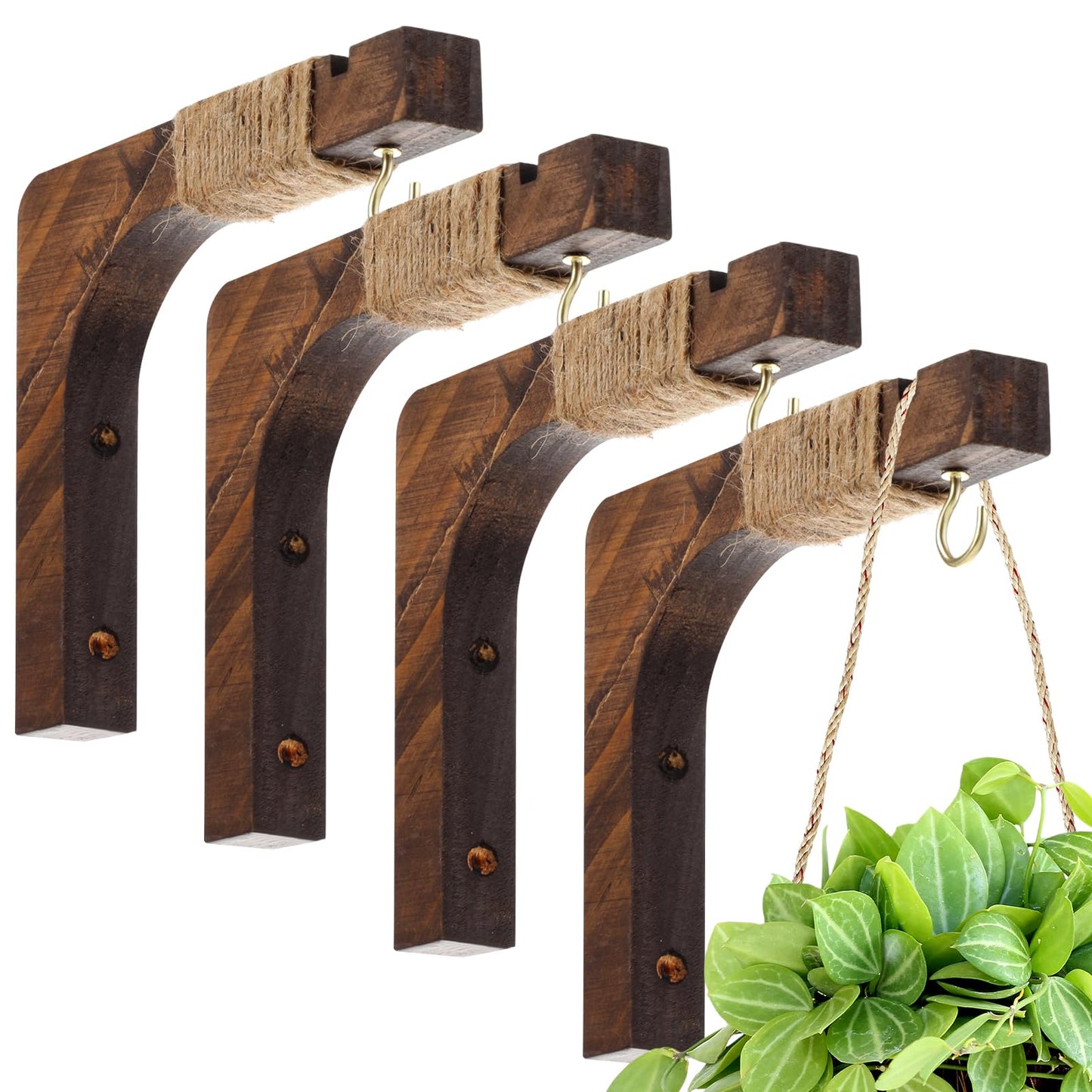 Geelin 4 Pack Wooden Plant Hanger for Wall Mounted Plant Hooks Outdoor Indoor Hanging 6 Inch Farmhouse Hanging Basket Hooks for Garden Home Wall Decoration, L x H x T: 6 x 5 x 0.8inch(Walnut)