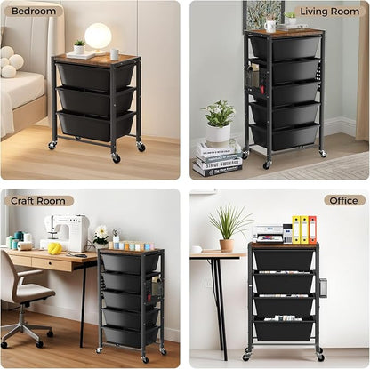 Rolling Cart with 5 Drawers, Plastic Drawer Storage Carts with Wheels & Wooden Tabletop, Metal Utility Cart with Pegboards, Office Living Room Classroom Craft Organization and Storage, Dark Black