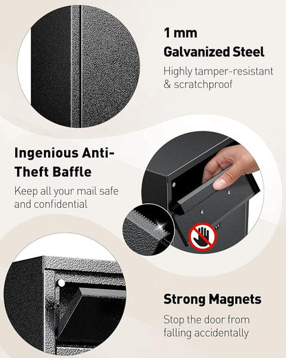 Uniclife Wall Mount Mailbox for Outside, Anti-Theft Heavy Duty Locking Mailbox, Large Mailbox with Combination Lock, Security Mail Box, Safe Key Drop Box, Post Box, Steel Cash Drop Box for Home, Black
