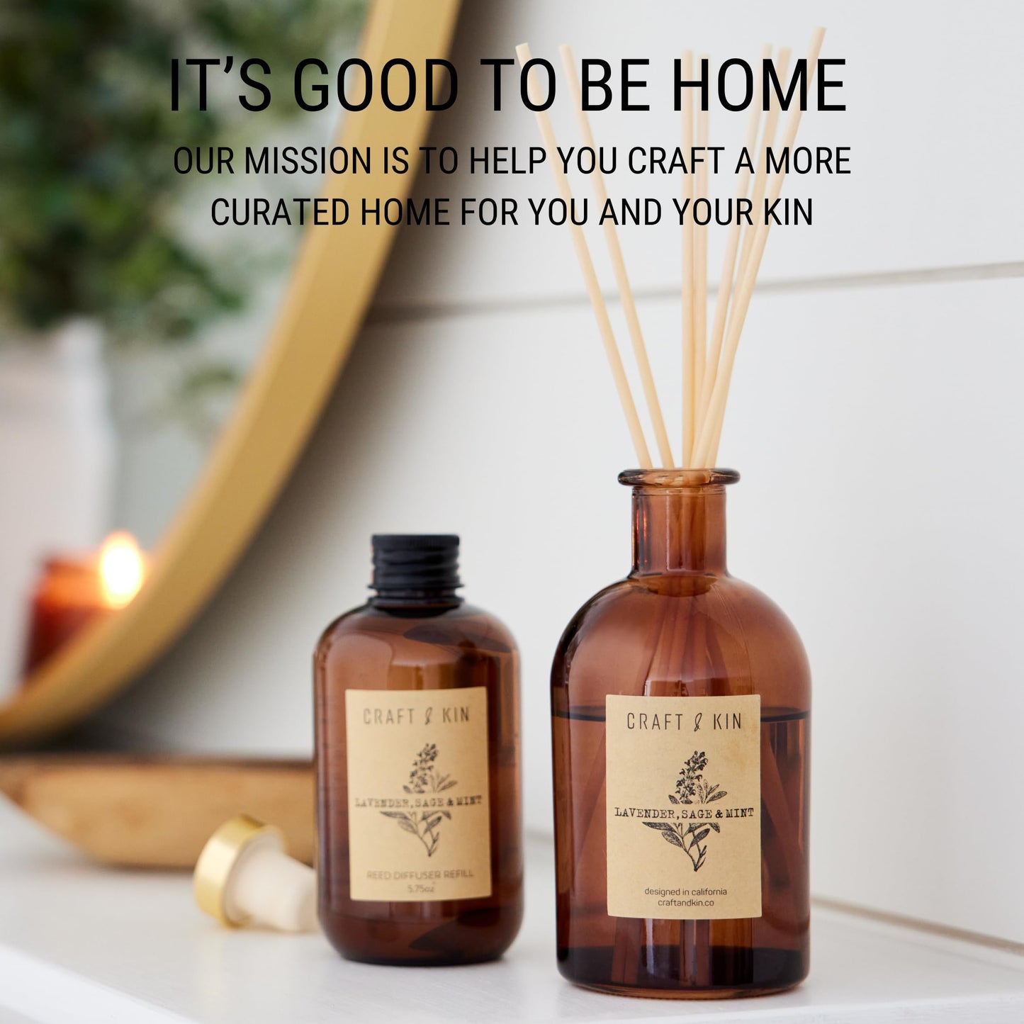 Craft & Kin Sage, Mint & Lavender Reed Diffuser | All Natural Essential Oil & 8 Rattan Scent Sticks | Reed Diffusers for Home, Bathroom | Long Lasting Home Fragrance in Amber Glass, 5.75oz