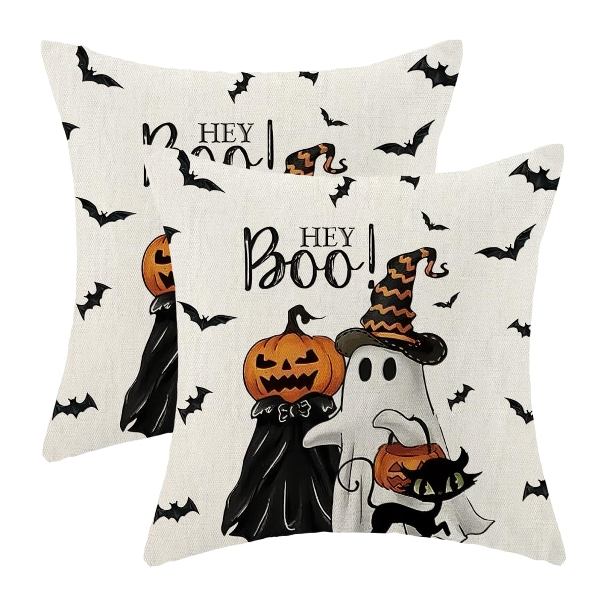 Halloween Pillow Covers 18 x 18 Inch Set of 2 Hey Boo Ghost Spooky Jack-O'-Lantern Pumpkin Throw Pillows Outdoor Decorative Black Cat Bats Pillowcases Linen Cushion Cases for Home Bed Sofa Couch