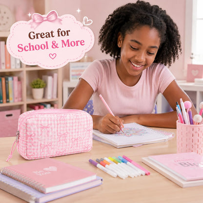 LEDAOU Cute Pencil Case for Kids Girls Boys Pencil Pouch kawaii Pen Pencil Box Bag Holder for School Students (Corduroy Pink Bow Checkered)