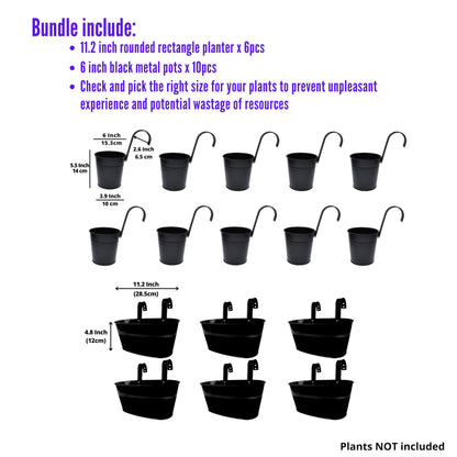 LaLaGreen Bundle - 6 Pack, 11.2 Inch Rounded Hanging Pot + 10 Pack, 6 Inch Black Metal Flower Pot, Large Outdoor Fence Deck Porch Railing Bucket, Modern Style Window Hanger Hook Balcony Plant Decor