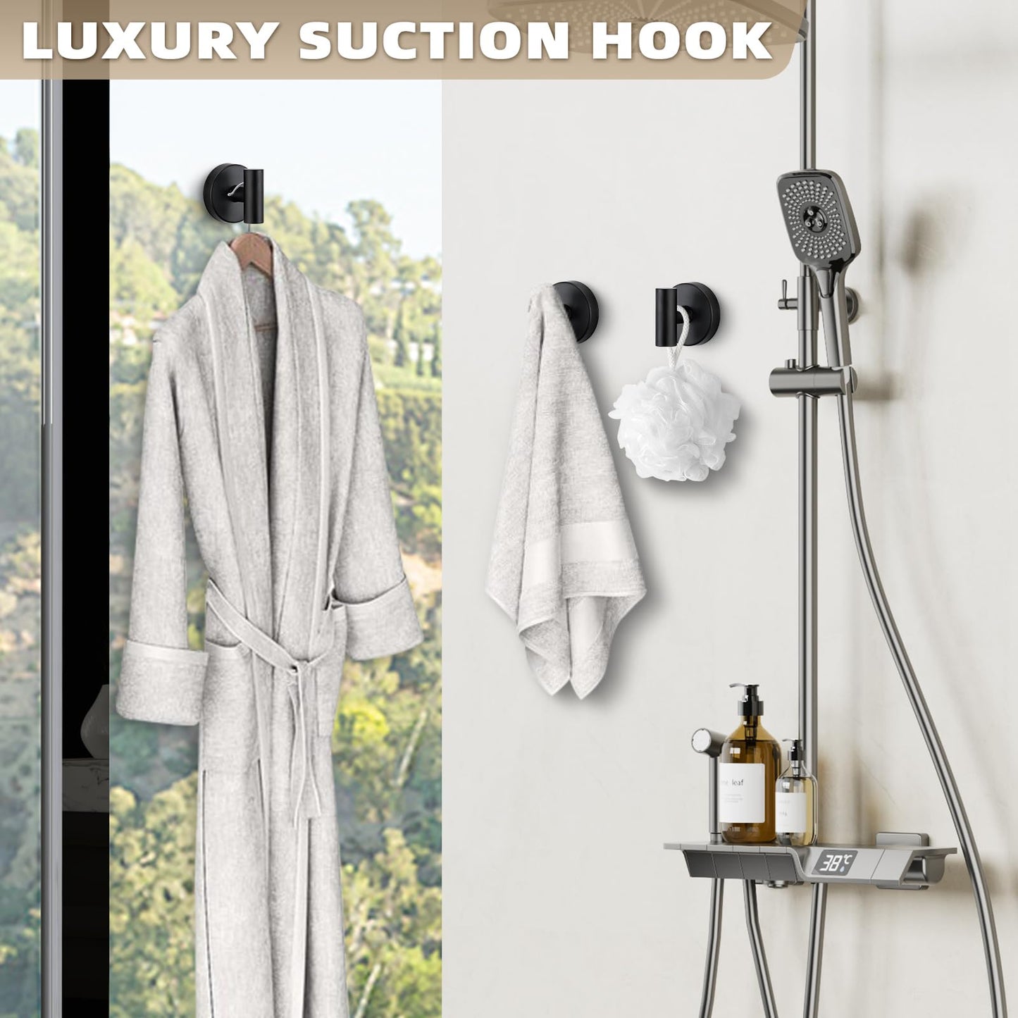 Fenas Suction Cup Hooks for Shower - Bathroom Reusable Hooks for Towels, Robes & Loofah - No-Drill Mounting on Kitchen,Walls,Metal,Glass,Mirrors,Tile & Smooth Non-Porous Surfaces (2, Matte Black)