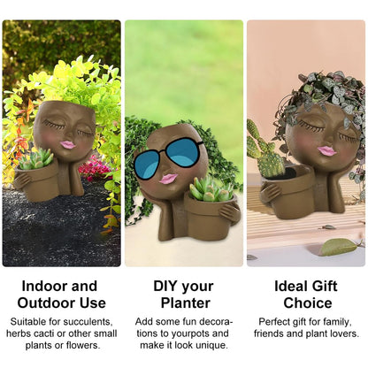 Rivonthex Face Planter Pot with Dual Compartments, Resin Lady Head Planter with Drainage Holes, 6.3 x 4.3 x 6.7 in, Two Openings 3.2 in and 2.4 in, for Succulents Indoor Outdoor, Brown