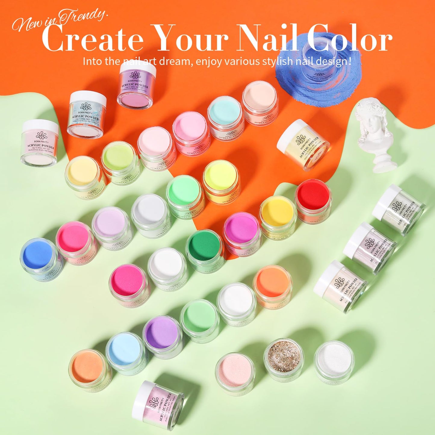 BORN PRETTY Acrylic Nail Kit - Acrylic Powder (Clear, White, Pink) & Liquid Set with Nail Forms, Brush Pen, File & Glass Container - Beginner Friendly