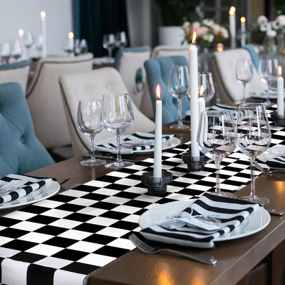 Preboun 12 Pcs Plastic Checkered Table Runner 14 x 108 Inch Racetrack Road Table Runner for Two Fast Car Theme Birthday Racing Party Decor Events Supplies (Black White Checkered)