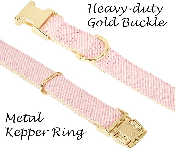 Luxury Soft Cotton Tweed Fabric Dog Collar & Leash Set with Gold Buckle – Durable Fabric, Stylish Design for Everyday Walks(Small Pink)
