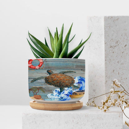 DreamAutumn Ocean Theme Sea Turtle Ceramic Pots for Plants with Drainage Holes Round Flower Pot Bamboo Tray Orchid Pot Succulents Pots for Outdoor Indoor Plants,Housewarming Gifts