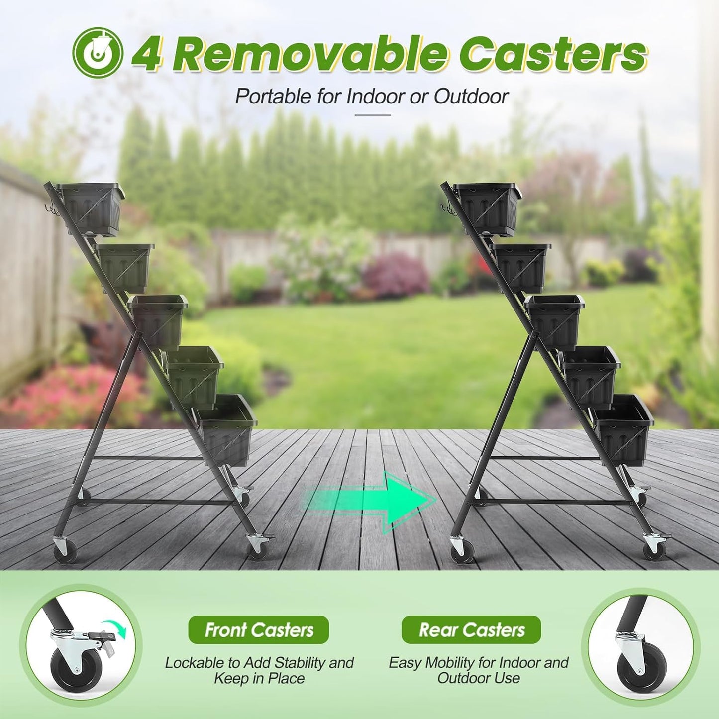 TEANDE 2 Pack Vertical Raised Garden Bed with Wheels, 5-Tier Elevated Planter Box w/Drainage System & 4 Hooks for Herbs Vegetables Flowers, Vertical Garden Planter for Patio Yard Indoor Outdoor