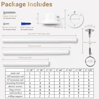 Closet Rod Adjustable 17 to 128 Inch, 1-1/4” Diameter, Closet Rods for Hanging Clothes, Stepless Metal Heavy Duty Hanging Rod for Closet Wardrobes Laundry RV (White)